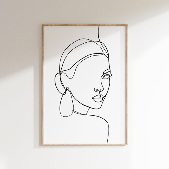Decor Girl WOMAN FACE PRINT Beauty Wall Art Lips Minimalist Line Art Poster Black White Female Abstract Single Line