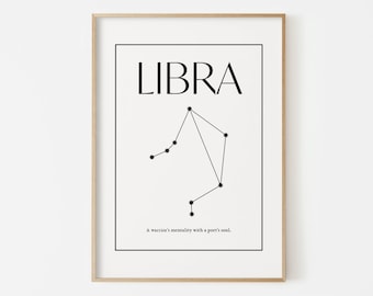 Könnte beinhalten: Gerahmter Druck mit dem Wort "LIBRA" über einer schwarzen Strichzeichnung des Sternbilds Waage. Der Text "A warrior's mentality with a poet's soul." steht darunter. Der Rahmen ist hell.