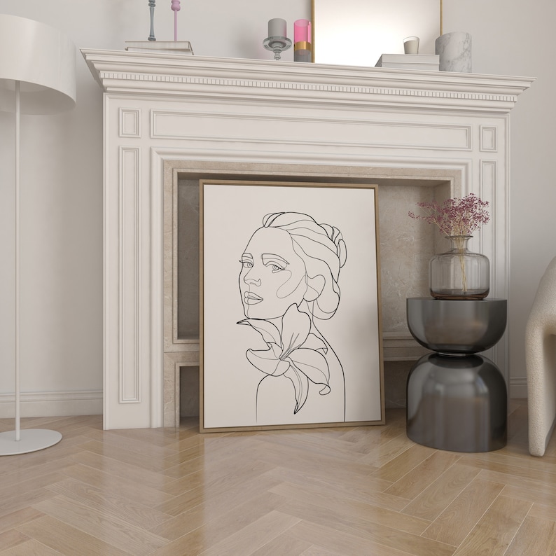 Girl With Flower Line Art Flower Woman Wall Art Female Line Etsy