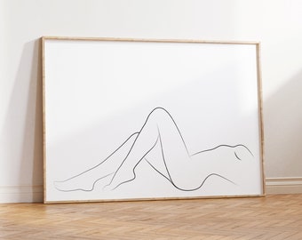 Woman laying down art, Minimalist naked woman printable wall art, Fine line print, Nudeart woman line art, Woman legs, Black and white print