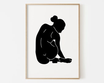 Female Back PRINTABLE, Fine Art, Female Nudity Wall Art, Silhouette Black and White, Female Figure Drawing, Pose Illustration, Minimalist