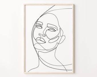 Stampa artistica di una donna astratta: disegno minimalista del viso, in bianco e nero (download digitale)