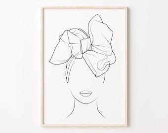 Fashion printable line art, African art, Woman wall art, Feminine wall decor, Headwrap illustration, Black and white wall art, Beauty print