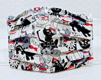 Cat Print Adult Face Mask: 4-Layer Cotton with Filter Pocket