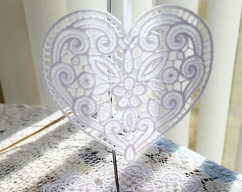 White Heart Suncatcher (4 inches), White Embroidered Lace Heart, Lace Suncatcher, Valentines Day Gift, Friendship Gift, Holiday Ornament