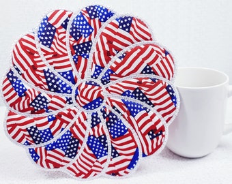 Embroidered American Flag Mug Rug, Red White Blue Cotton Mini Quilt Mat