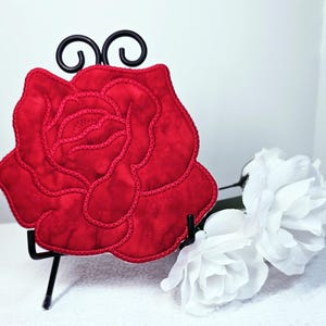 Red Rose Mug Rug, Red Batik Rose Mug Rug, Embroidered Red Batik Snack Mat, Homemade Rose Mug Rug, Quilted Rose Mug Rug