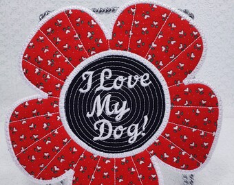 Love My Dog Mug Rug, Quilted Mug Rug, Animal Mug Rug, Red and Black Mug Rug, Embroidery Mug Rug, Homemade Mug Rug, Pet Mug Rug, Snack Mat