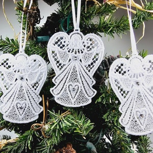 Anjos de renda com strass (conjunto de 3), enfeites de anjo, anjos de renda para cartões, anjos bordados de renda independentes, anjo da amizade
