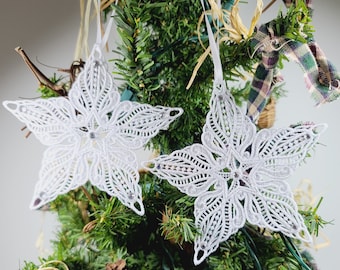 May include: Two white lace snowflake ornaments with a sparkly center, hanging on a green Christmas tree.