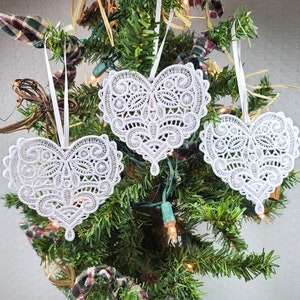 White Lace Heart Ornaments (Set of Three), Machine Embroidered, Freestanding Lace, Friendship Gift, Valentine's Day Holiday Tree Lace