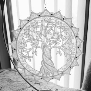 Weißer Baum des Lebens Sonnenfänger (18,5 cm), weißer Spitzen Sonnenfänger, weißer bestickter Spitzen Sonnenfänger Baum des Lebens Spitzensonnenfänger