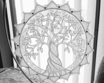 White Tree of Life Suncatcher (7 1/2 inch), White Lace Suncatcher, White Embroidered Lace Suncatcher Tree of Life Suncatcher Lace Suncatcher