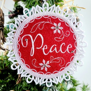 Lace Peace Ornament: Red Felt with Rhinestones