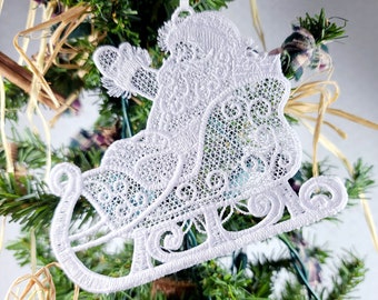 Lace Ornament, Santa Sleigh Ornament, Embroidered Lace Ornament, White Lace Ornament, Santa Sleigh Ornament, Sleigh