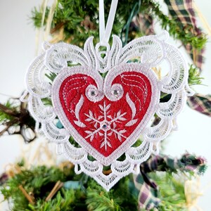 Heart Ornament with Clear Shiny Rhinestones, Lace Heart Ornament, Red and White Heart Ornament.  Lace Ornament, Heart Ornament, Gift of Love