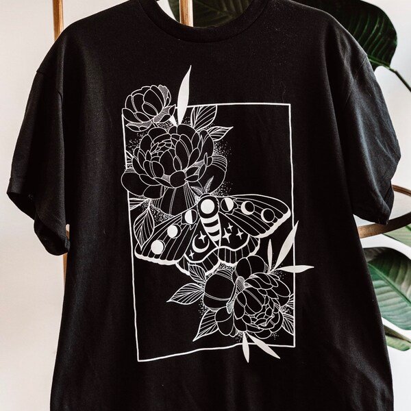 Tattoo Style Lunar Moon Phase Moth and Peony Illustrative T-Shirt