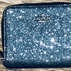 Coach Small Zip Around Midnight Blue Silver Sparkle Star Glitter