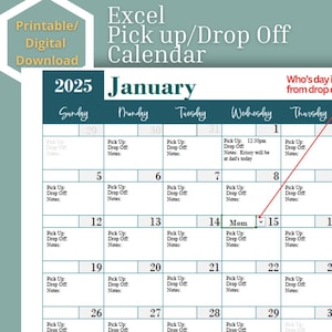 2025 Parental Calendar Pick Up Drop Off Calendar |Co Parenting Divorce |Separated |Printable Excel -Annual Calendar Daycare Calendar
