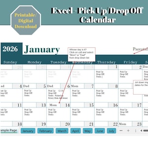 Op de afbeelding: Een digitale kalender voor 2026, getiteld "Excel - Pick Up/Drop Off Calendar." De kalender is ontworpen voor gebruik door ouders, met secties voor het noteren van ophaal- en afzettijden. Het bevat een label "Printable/Digital Download" en speciale data.