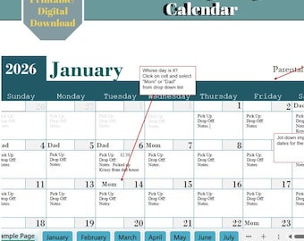 2026 Parental Calendar Pick Up Drop Off Calendar |Co Parenting Divorce |Separated |Printable Excel Annual Calendar Daycare Sports Calendar