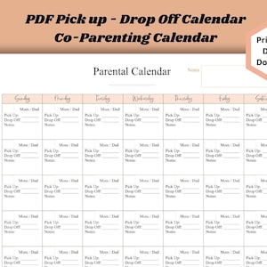 Blank PDF Parental Calendar Co Parenting Divorce Separated Child Pickup Drop-off Printable and Fillable PDF Document Daycare Calendar