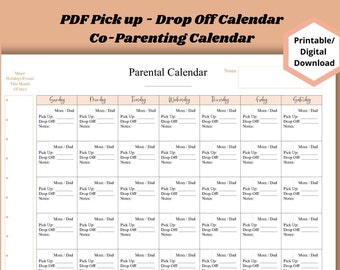 Blank PDF Parental Calendar Co Parenting Divorce Separated Child Pickup Drop-off Printable and Fillable PDF Document Daycare Calendar