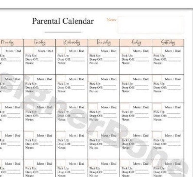 Blank PDF Parental Calendar Co Parenting Divorce Separated Child Pickup Blank PDF Parental Calendar Co Parenting Divorce Separated Child Pickup