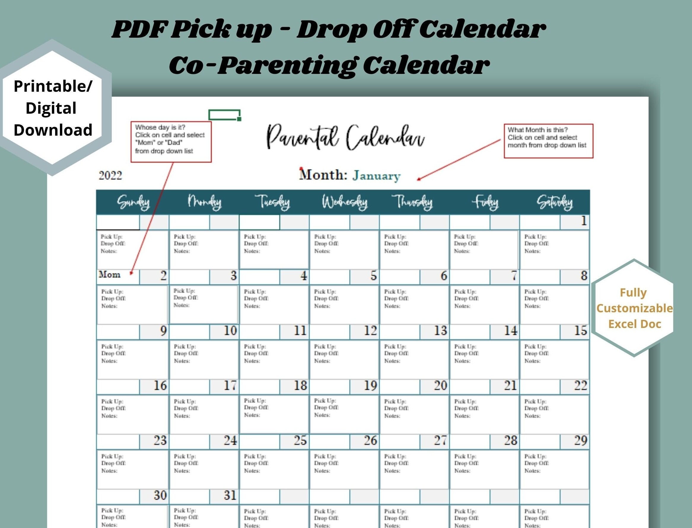 Calendrier Parents Divorcés 2023 2022 Parental Pick Up Drop Off Calendar Co Parenting Divorce | Etsy