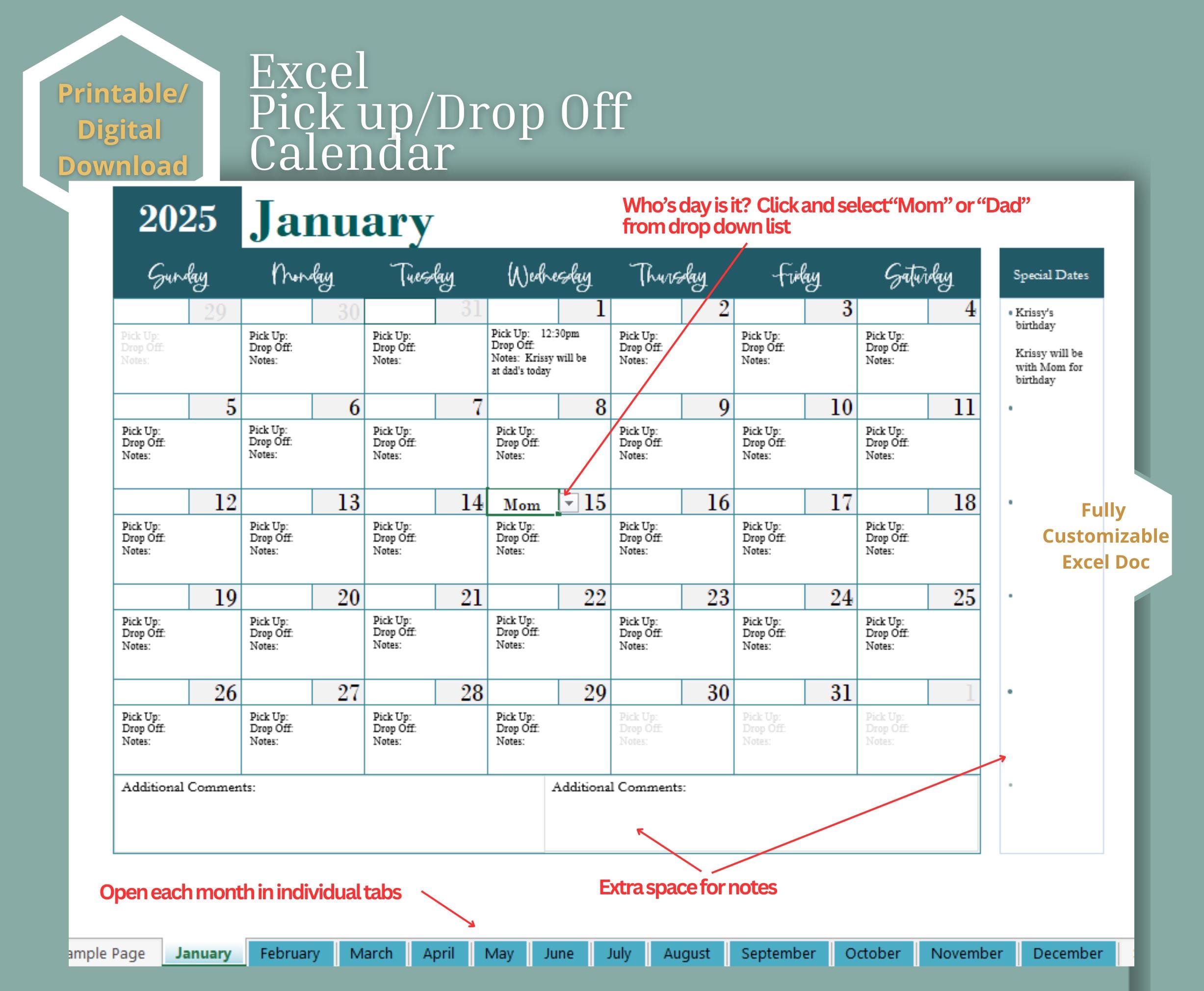 2025 Parental Calendar Pick up Drop off Calendar |co Parenting Divorce  |separated |printable Excel -annual Calendar Daycare Calendar - Etsy Ireland