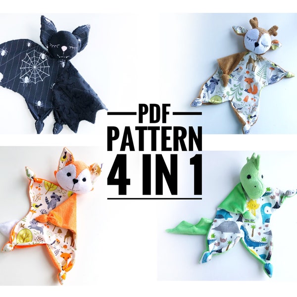 Baby lovey sewing pattern, pdf fox lovey pattern, plush bat lovey pattern,  dinosaur lovey pdf pattern, stuff deer baby toy pdf pattern XMD