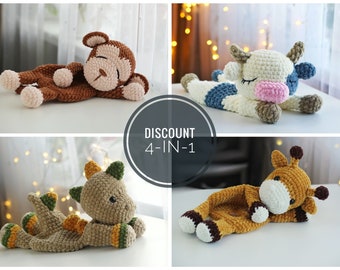 Crochet Lovey PATTERNS: Cow, Dinosaur, Giraffe, Monkey (PDF Download)
