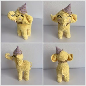 four pictures of a stuffed elephant wearing a party hat
