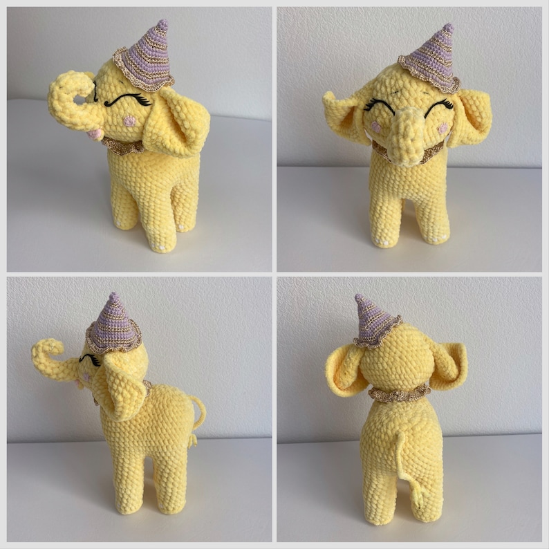 four pictures of a stuffed elephant wearing a party hat