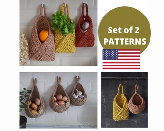Crochet Hanging Basket Pattern Bundle | Storage basket tutorials | instant digital download | Rustic home organization |  Kitchen decor |JB