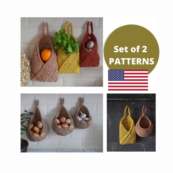 Crochet Hanging Basket Pattern Bundle | Storage basket tutorials | instant digital download | Rustic home organization |  Kitchen decor |JB