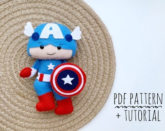 Patrón de costura de fieltro superhéroe Capitán América muñeca PDF patrón Superhéroe bebé niño guardería FP