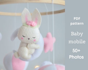 Felt Baby mobile PDF pattern sleepy bunny on the moon, Nursery mobile sewing tutorial, DIY pregnancy gift, digital download