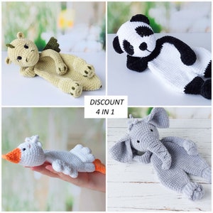 Set of 4 Crochet Patterns: Dragon, Panda, Goose, Elephant. Animal Plushies, Snuggle Soft Toys, Amigurumi Lovey, PDF Tutorial in English. CM