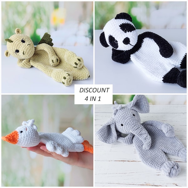 Set of 4 Crochet Patterns: Dragon, Panda, Goose, Elephant. Animal Plushies, Snuggle Soft Toys, Amigurumi Lovey, PDF Tutorial in English. CM