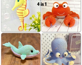 Amigurumi ocean crochet patterns bundle: dolphin, seahorse, red crab, octopus, Amigurumi sea animals, Amigurumi sea creatures