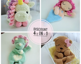 Crochet Lovey PATTERNS Set: Unicorn, Mermaid, Triceratops, Bear (PDF Download)