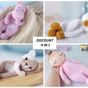 Set of 4 Crochet Patterns: Hippo, Duck, Cat, Doll. Toys Plushies, Comforter Animal, Snuggler Toys, Amigurumi Lovey, Tutorial in English. CM