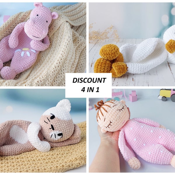 Set of 4 Crochet Patterns: Hippo, Duck, Cat, Doll. Toys Plushies, Comforter Animal, Snuggler Toys, Amigurumi Lovey, Tutorial in English. CM