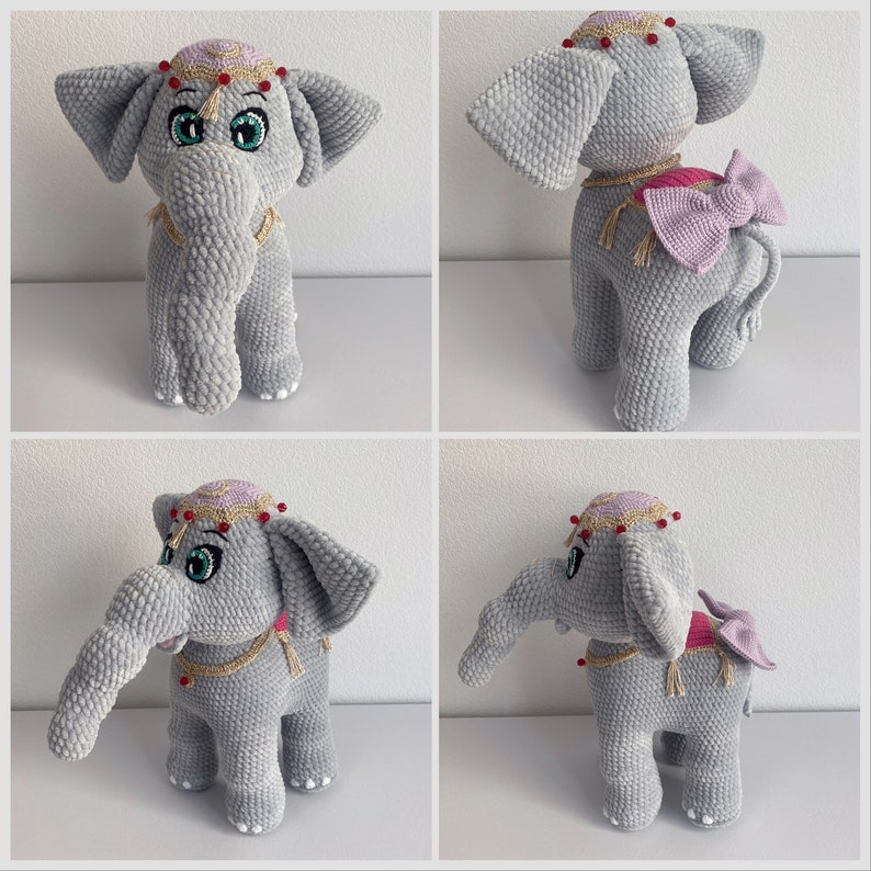 a series of photos of a stuffed elephant