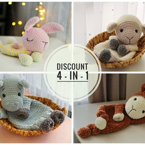 Set van 4 PATRONEN: Hippo Snuggler-patroon, Bunny Lovey, Lamb Lovey, Llama Snuggler, gehaakt dier, lappenpop, haaktutorial in het Engels Ol
