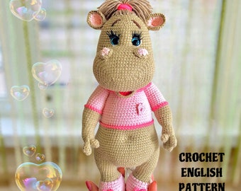 Hippo crochet pattern toy amigurumi, Crochet safari animal pattern, English pattern PDF