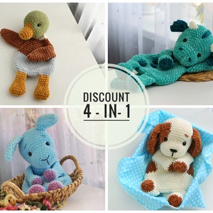 Set of 4 PATTERNS: Puppy Lovey, Duck Lovey, Rabbit Lovey, Dragon Lovey, Crochet  Pattern, Amigurumi Comforter Cuddle Toy, Lovey patterns, Ol