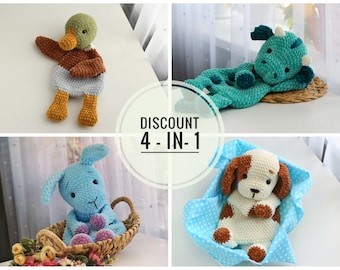 Set of 4 PATTERNS: Puppy Lovey, Duck Lovey, Rabbit Lovey, Dragon Lovey, Crochet  Pattern, Amigurumi Comforter Cuddle Toy, Lovey patterns, Ol