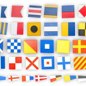 May include: A set of 30 nautical signal flags, each with a unique design and color combination. The flags are made of fabric and are perfect for use in maritime signaling or as decorative accents.